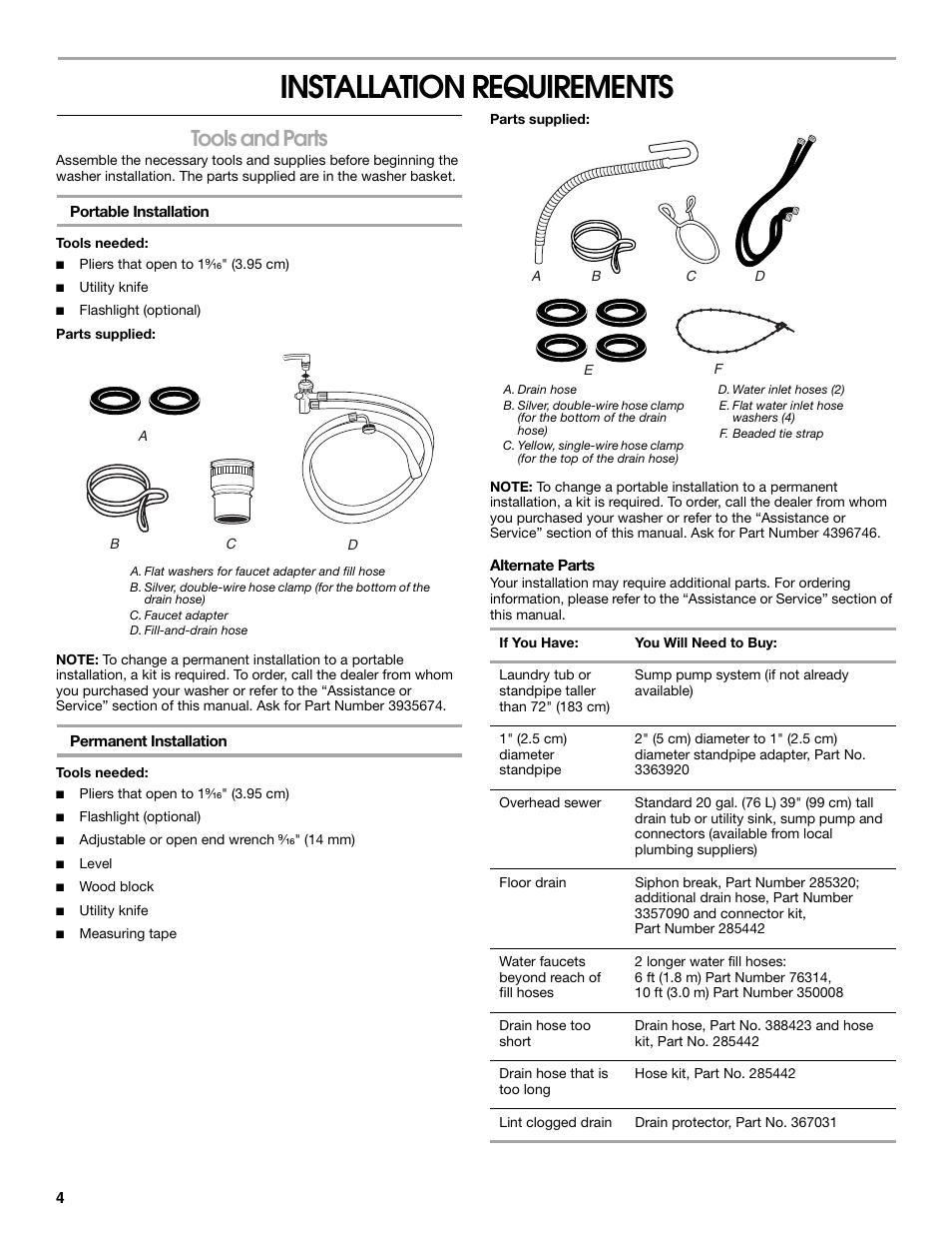 Installation requirements, Tools and parts | Whirlpool CAWC529PQ0 User Manual | Page 4 / 56