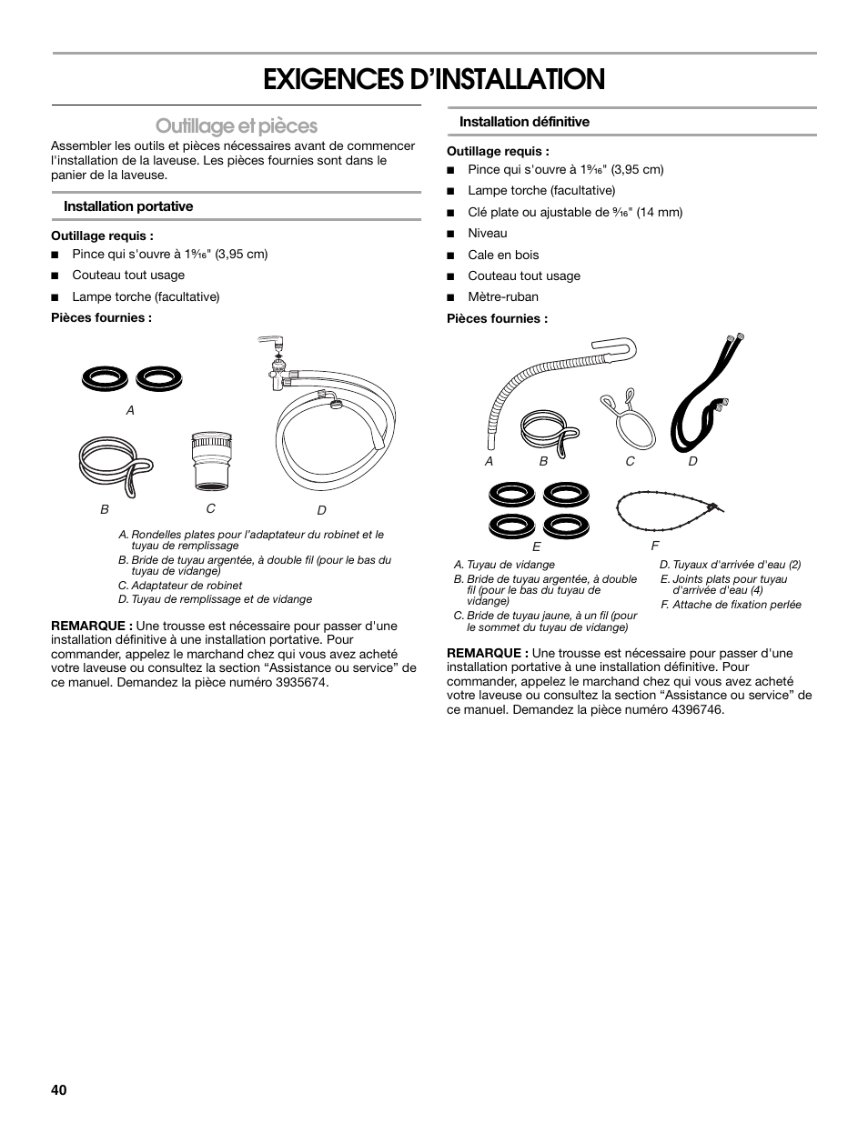 Exigences d’installation, Outillage et pièces | Whirlpool CAWC529PQ0 User Manual | Page 40 / 56