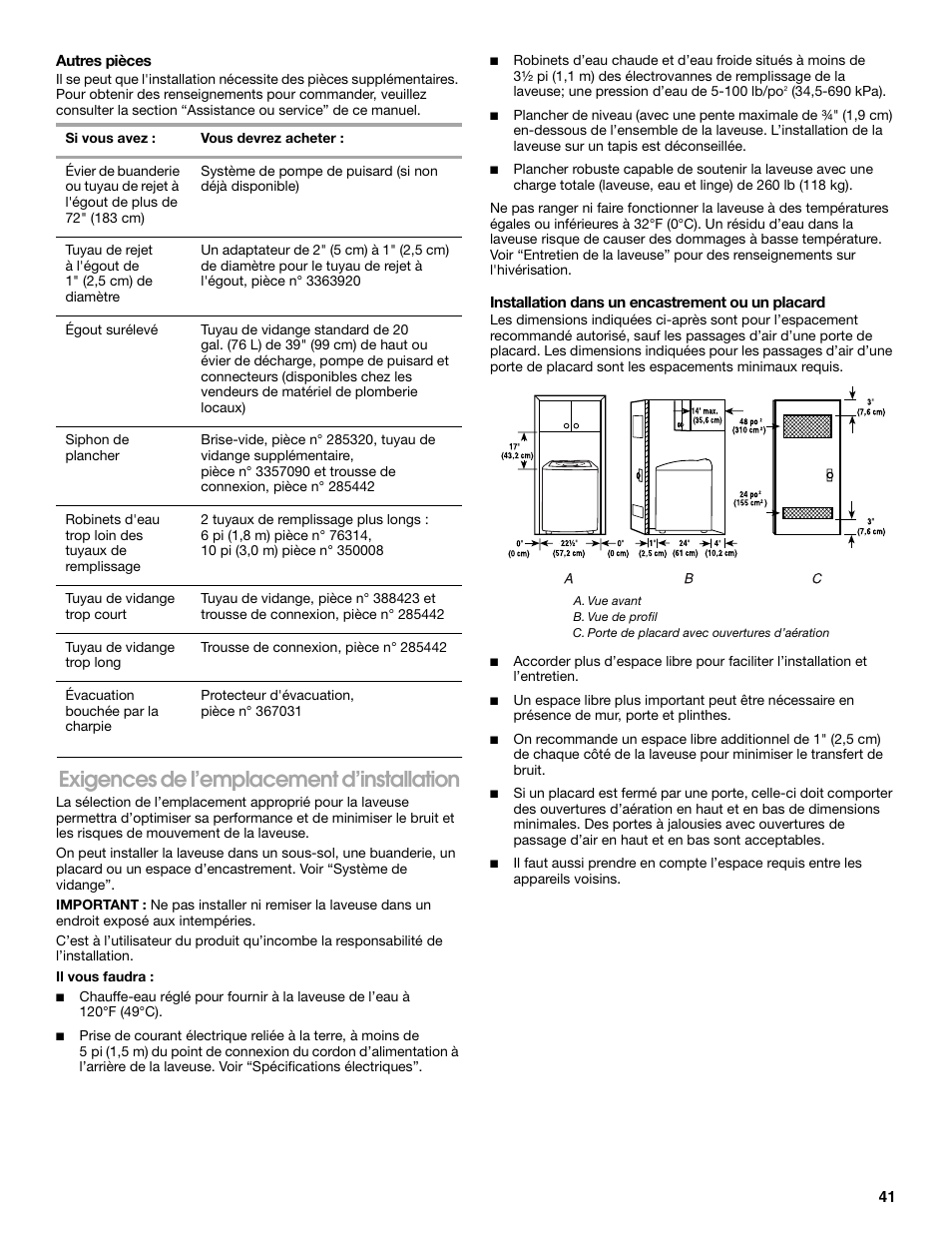 Exigences de l’emplacement d’installation | Whirlpool CAWC529PQ0 User Manual | Page 41 / 56