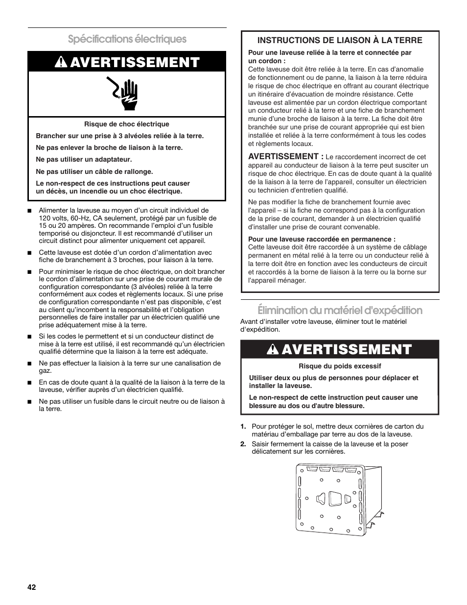Avertissement, Spécifications électriques, Élimination du matériel d'expédition | Whirlpool CAWC529PQ0 User Manual | Page 42 / 56