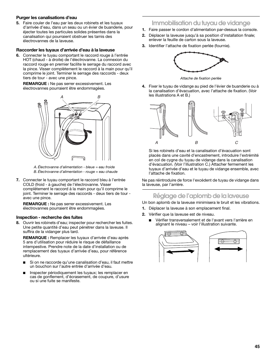 Immobilisation du tuyau de vidange, Réglage de l’aplomb de la laveuse | Whirlpool CAWC529PQ0 User Manual | Page 45 / 56