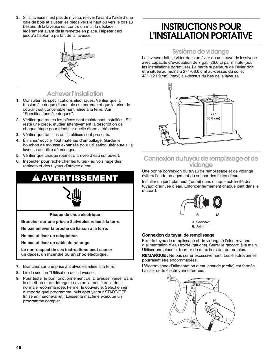 Instructions pour l'installation portative, Avertissement, Achever l’installation | Système de vidange, Connexion du tuyau de remplissage et de vidange | Whirlpool CAWC529PQ0 User Manual | Page 46 / 56