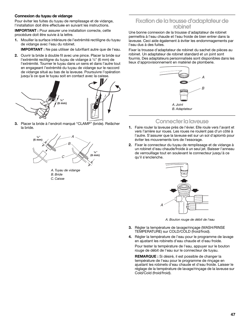 Fixation de la trousse d'adaptateur de robinet, Connecter la laveuse | Whirlpool CAWC529PQ0 User Manual | Page 47 / 56