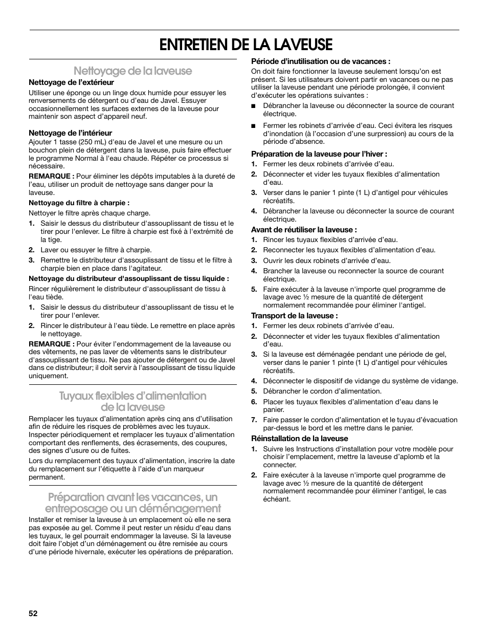 Entretien de la laveuse, Nettoyage de la laveuse, Tuyaux flexibles d’alimentation de la laveuse | Whirlpool CAWC529PQ0 User Manual | Page 52 / 56