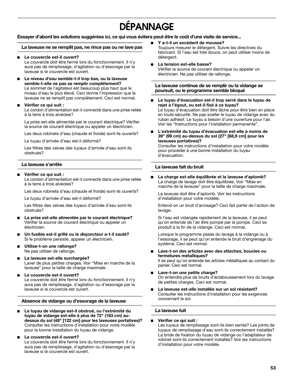 Dépannage | Whirlpool CAWC529PQ0 User Manual | Page 53 / 56