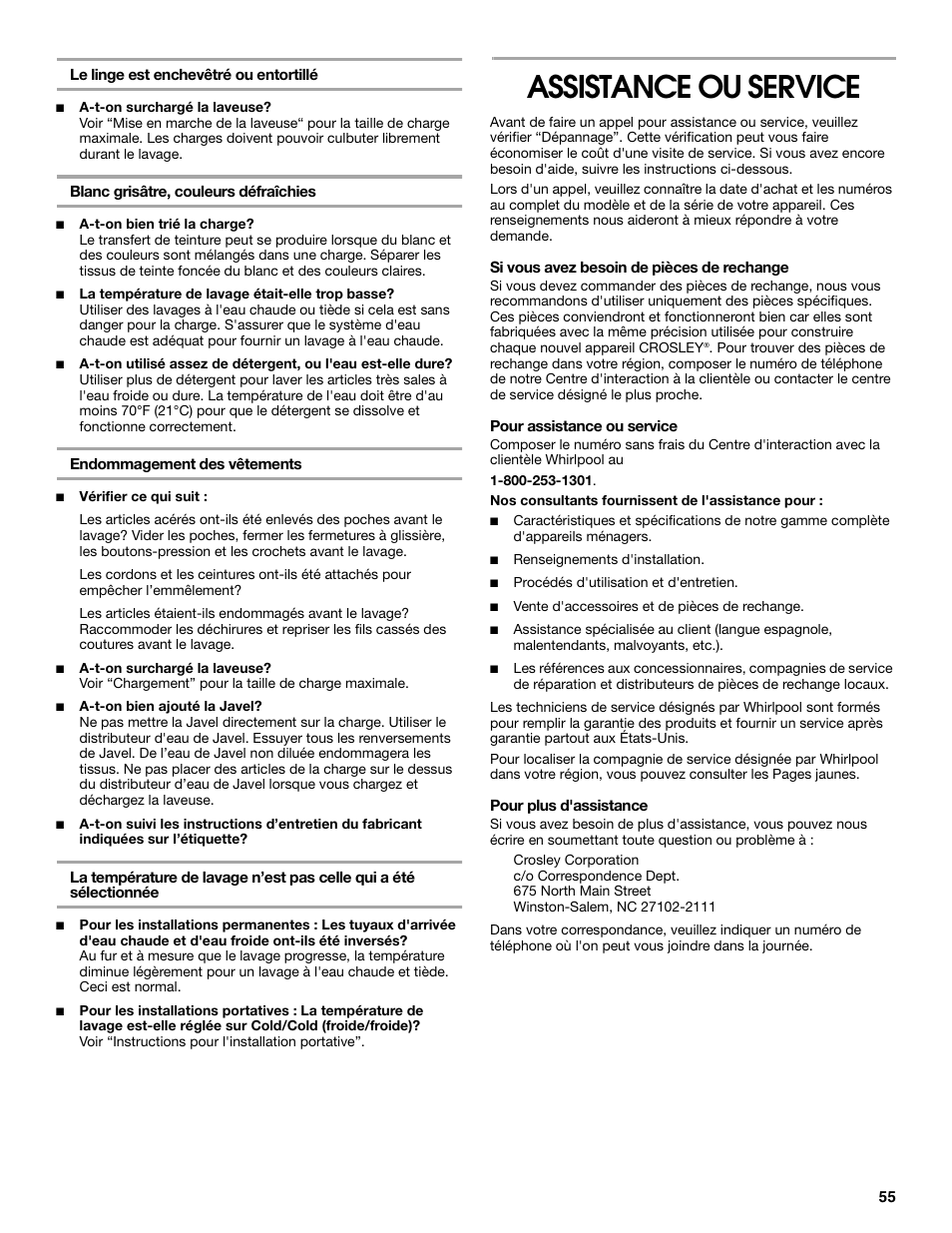 Assistance ou service | Whirlpool CAWC529PQ0 User Manual | Page 55 / 56