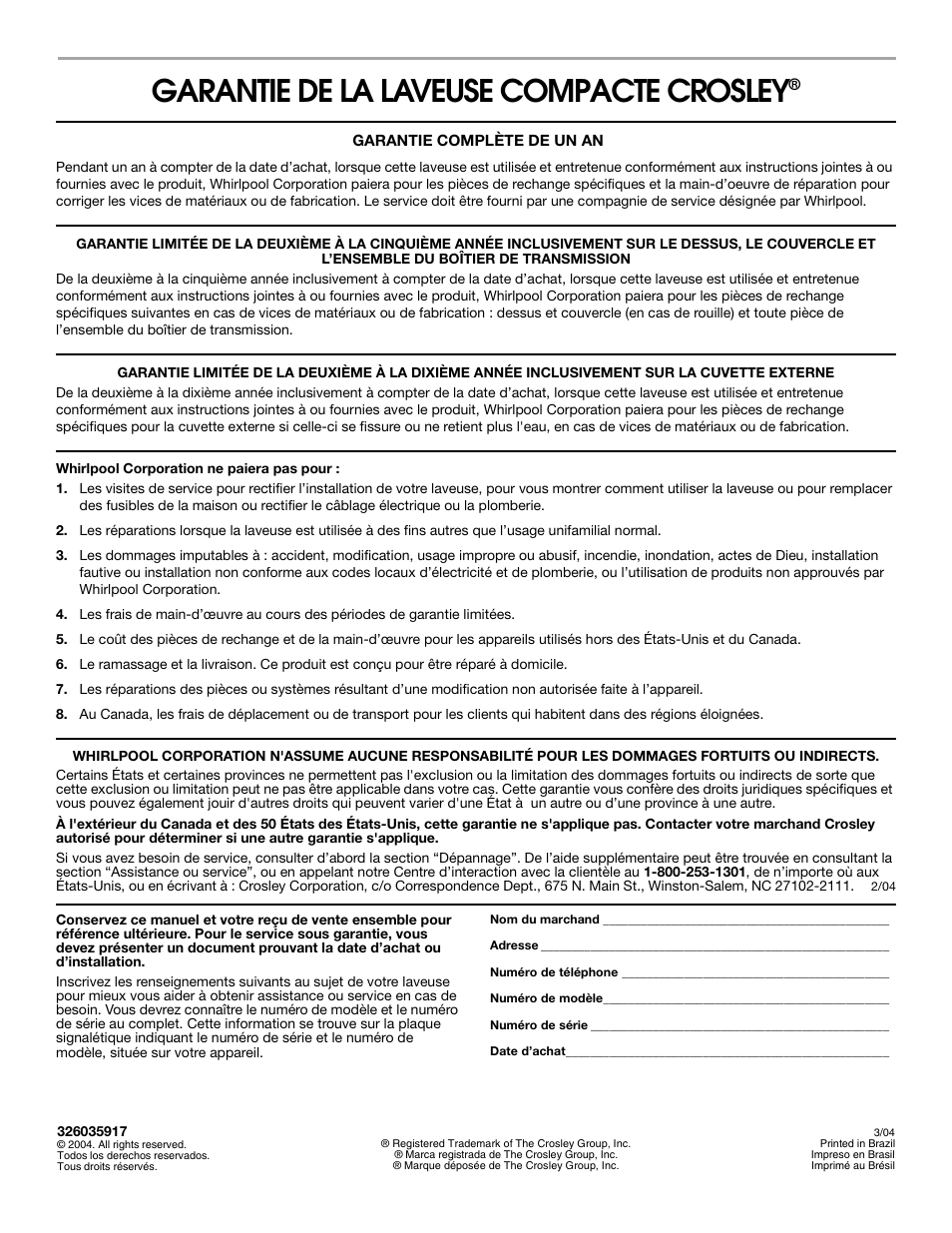 Garantie de la laveuse compacte crosley | Whirlpool CAWC529PQ0 User Manual | Page 56 / 56