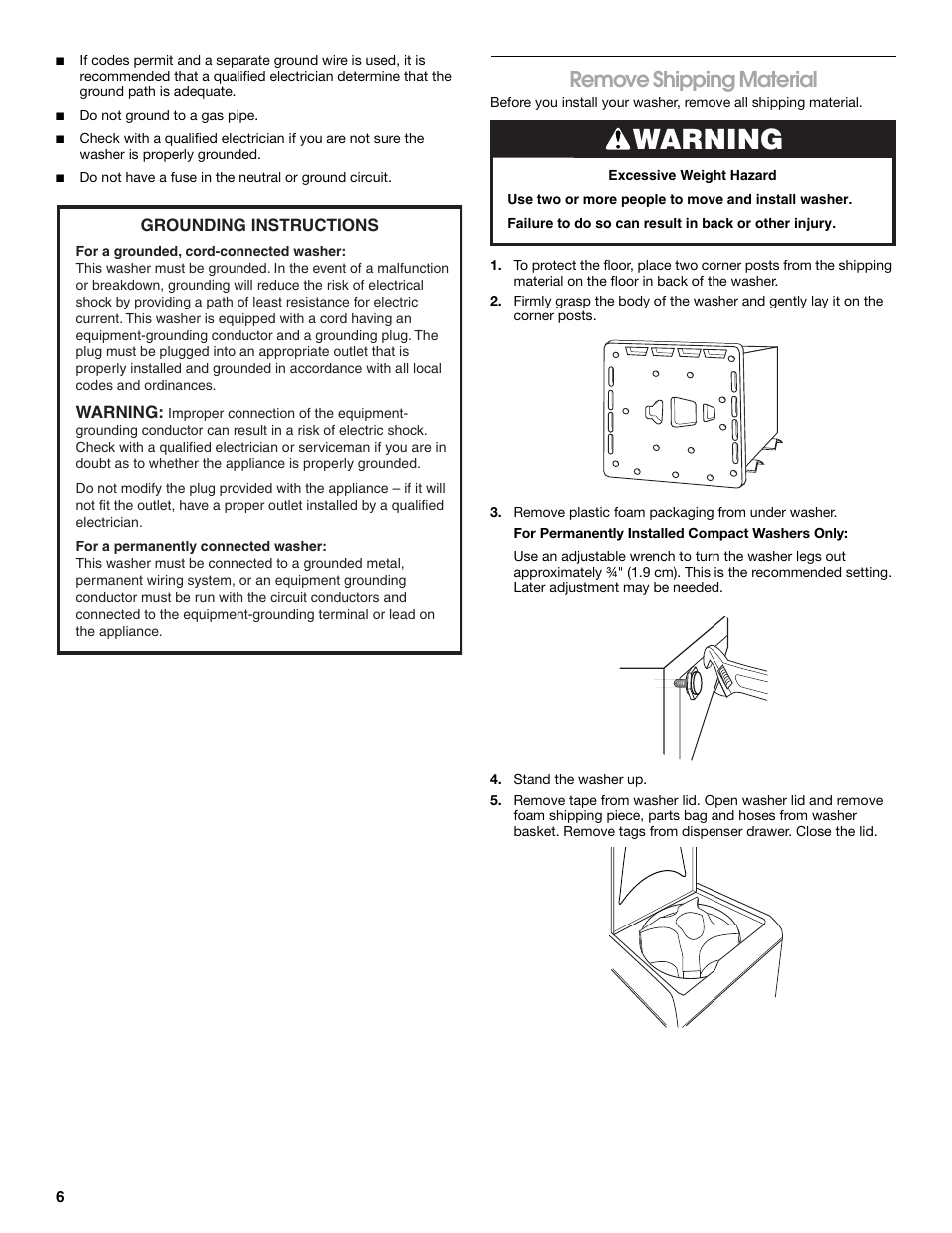 Warning, Remove shipping material | Whirlpool CAWC529PQ0 User Manual | Page 6 / 56