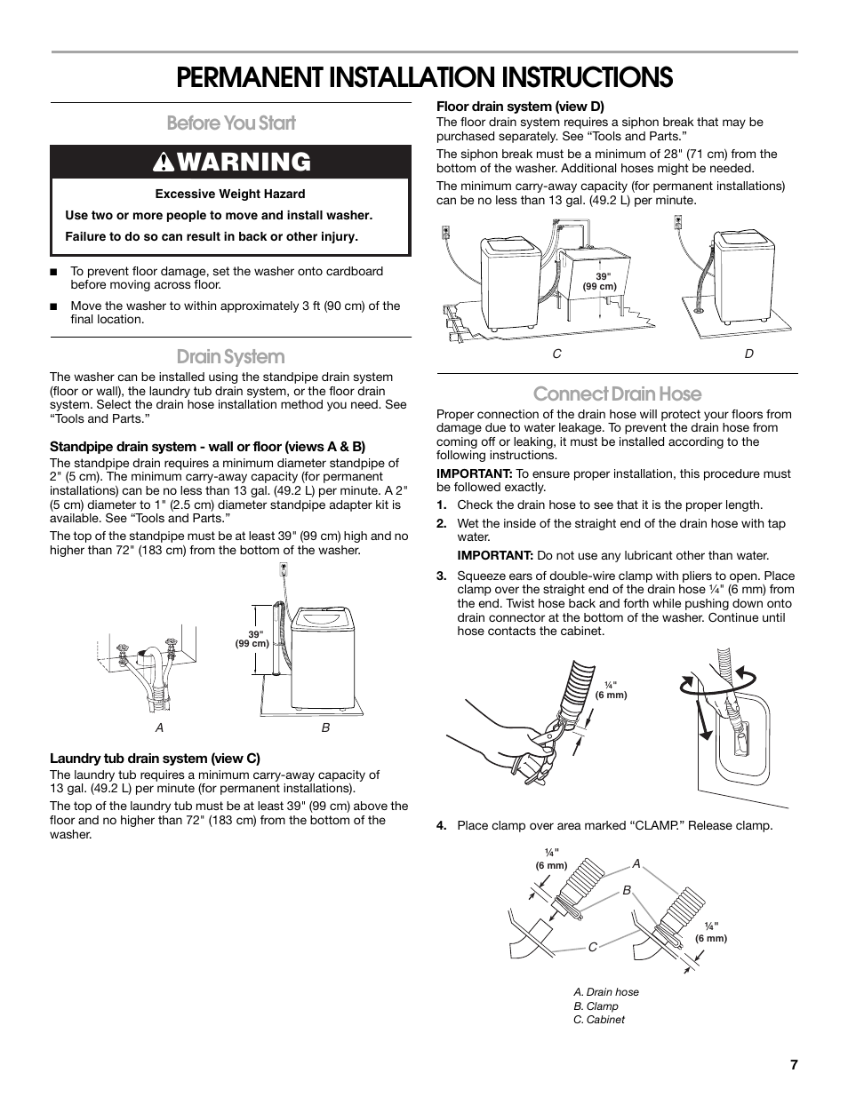 Permanent installation instructions, Warning, Before you start | Drain system, Connect drain hose | Whirlpool CAWC529PQ0 User Manual | Page 7 / 56