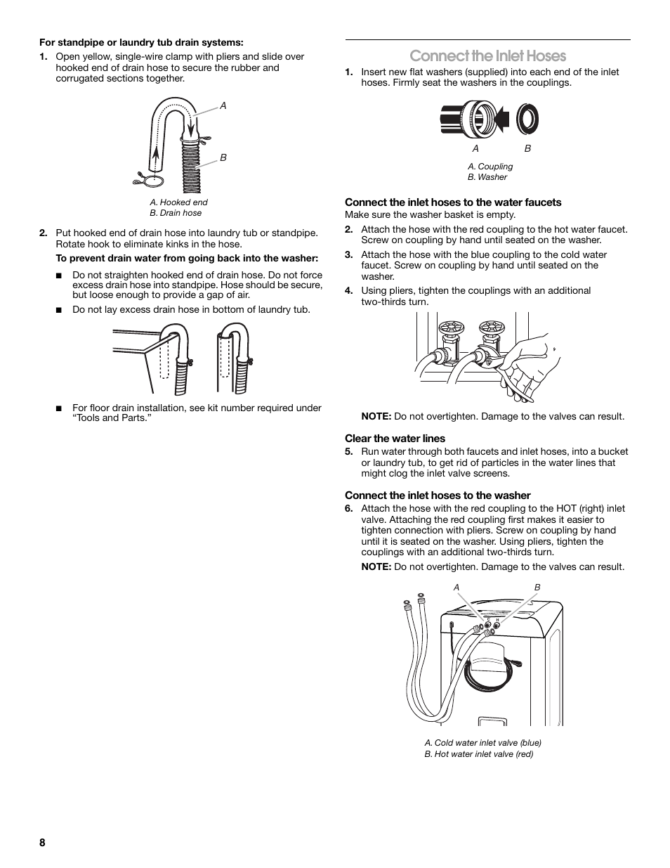Connect the inlet hoses | Whirlpool CAWC529PQ0 User Manual | Page 8 / 56