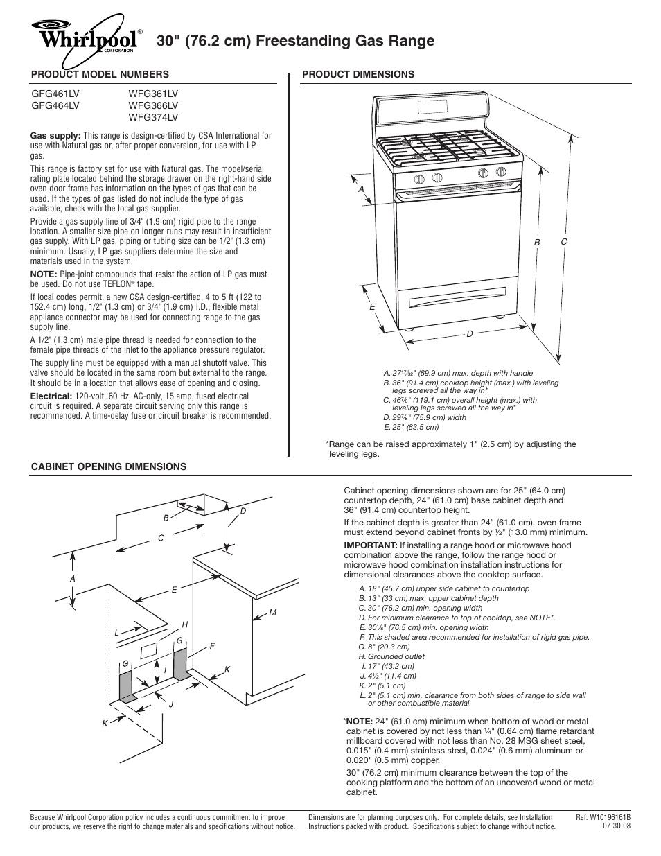 Whirlpool WFG366LV User Manual | 1 page