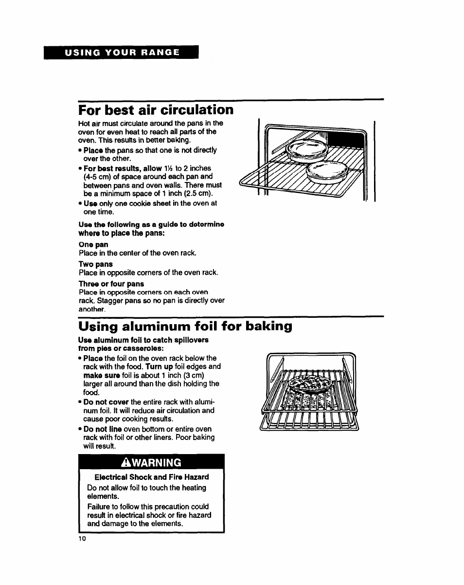 For best air circulation, Using aluminum foil for baking | Whirlpool FEP310B User Manual | Page 10 / 26