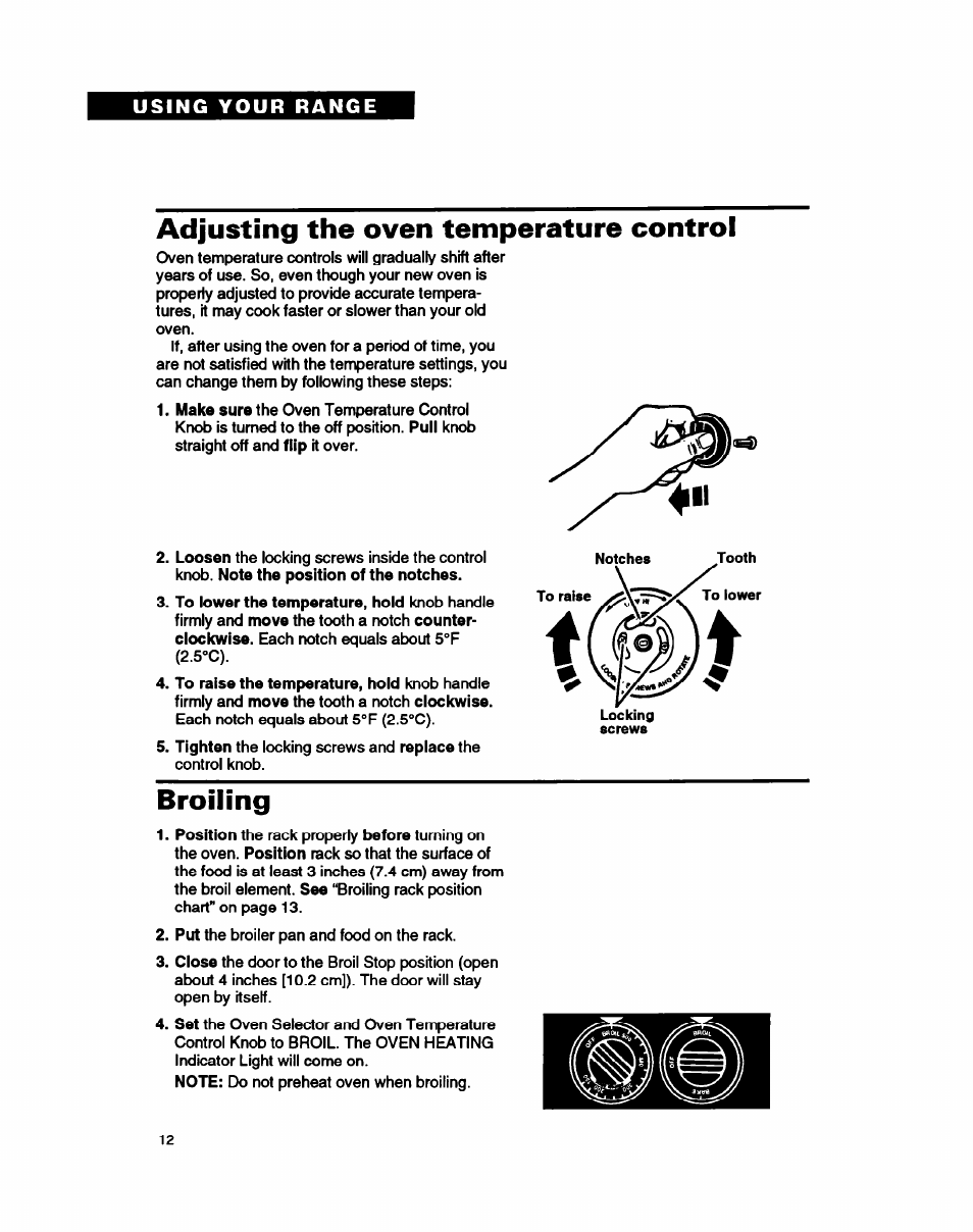 Adjusting the oven temperature control, Broiling | Whirlpool FEP310B User Manual | Page 12 / 26