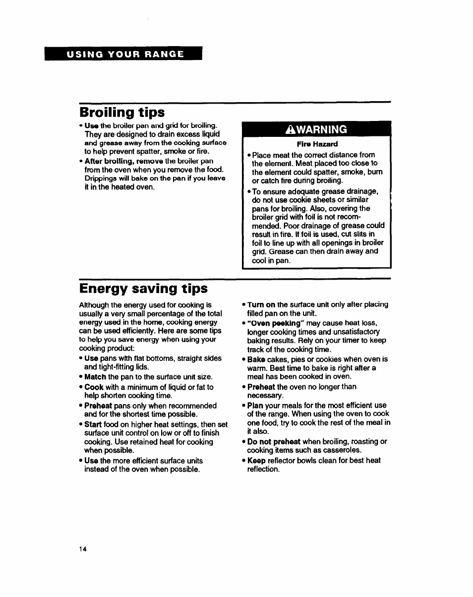 Broiling tips, Energy saving tips, Warning | Whirlpool FEP310B User Manual | Page 14 / 26