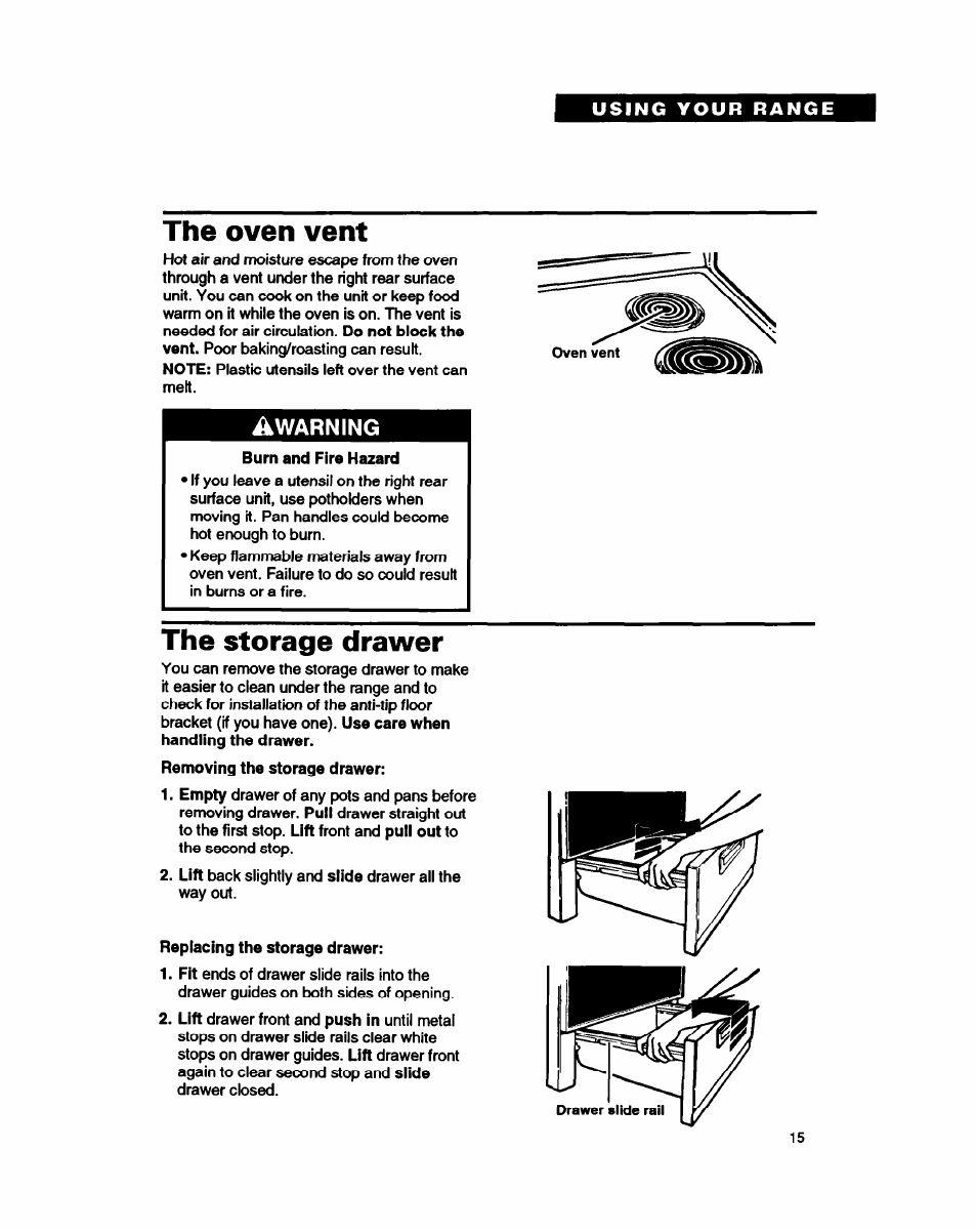 The oven vent, The storage drawer, Warning | Whirlpool FEP310B User Manual | Page 15 / 26