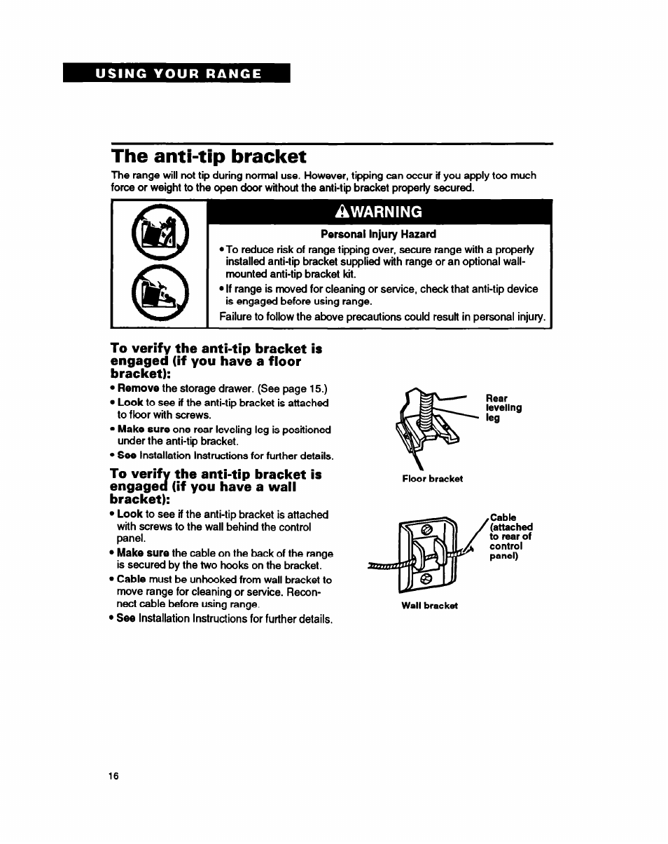 The anti-tip bracket, Zv ^warning | Whirlpool FEP310B User Manual | Page 16 / 26