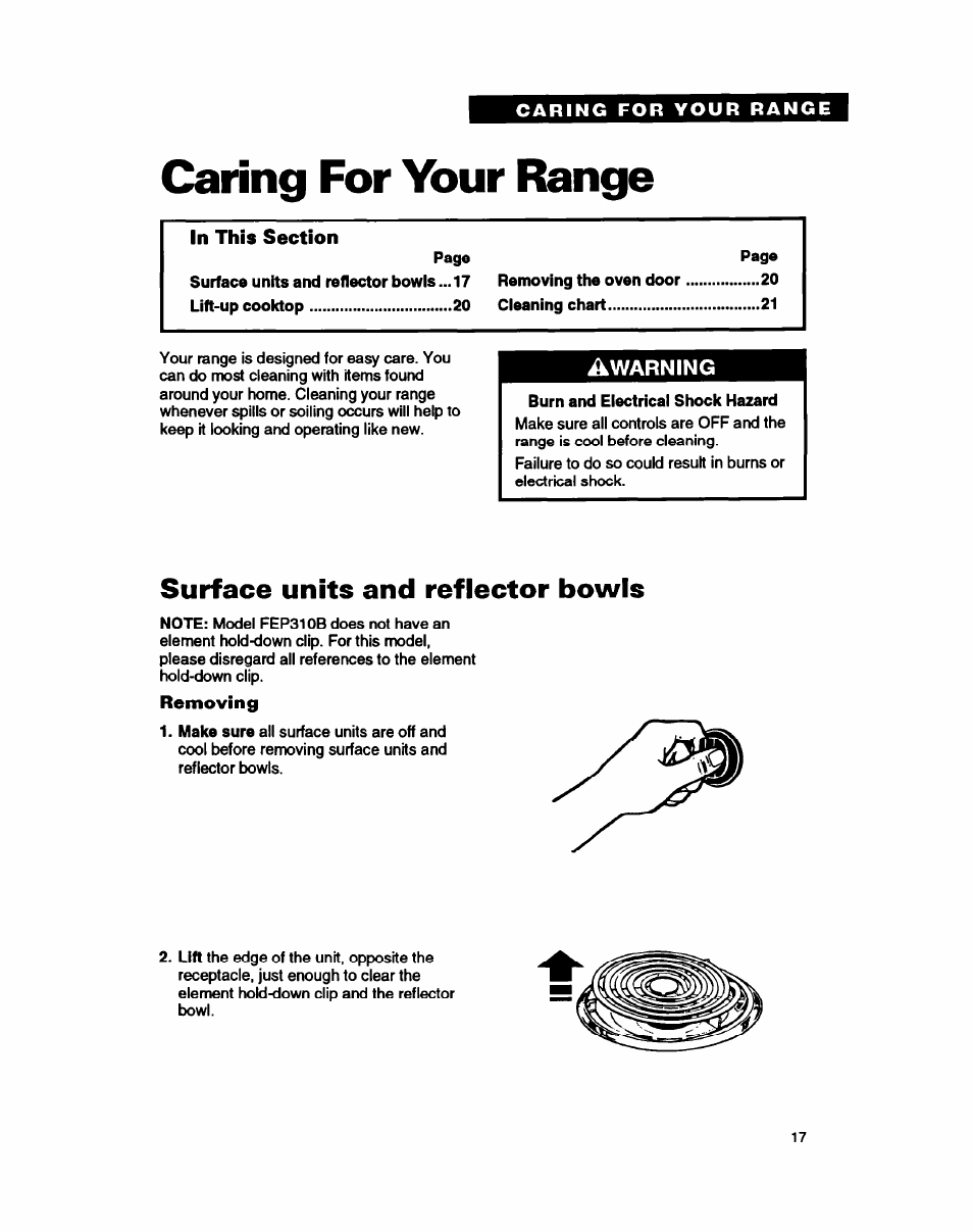 Caring for your range, Burn and electrical shock hazard, Surface units and reflector bowls | Removing | Whirlpool FEP310B User Manual | Page 17 / 26