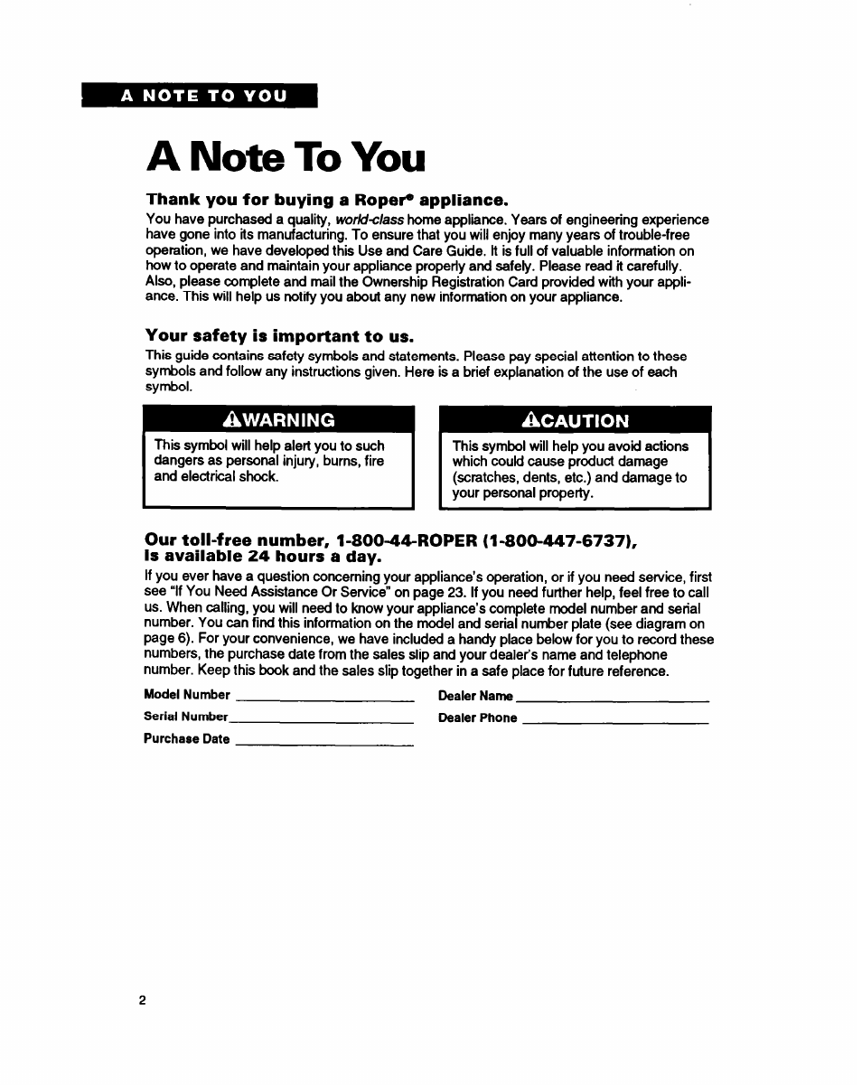 A note to you, Thank you for buying a roper* appliance, Your safety is important to us | Whirlpool FEP310B User Manual | Page 2 / 26