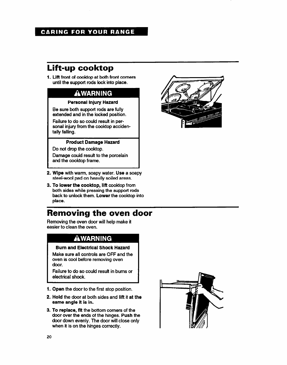 Lift-up cooktop, Removing the oven door, Warning | Whirlpool FEP310B User Manual | Page 20 / 26