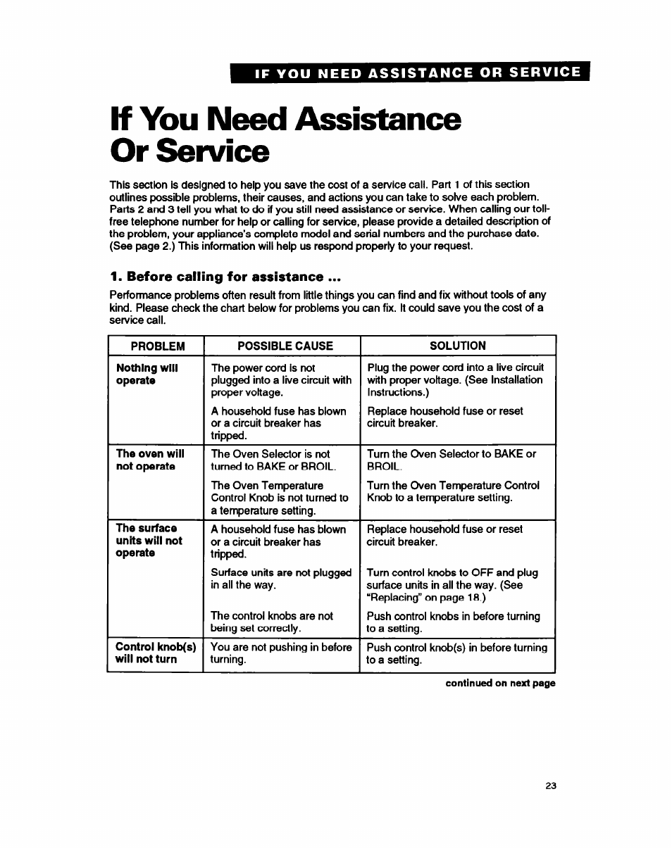 If you need assistance or service, Before calling for assistance | Whirlpool FEP310B User Manual | Page 23 / 26