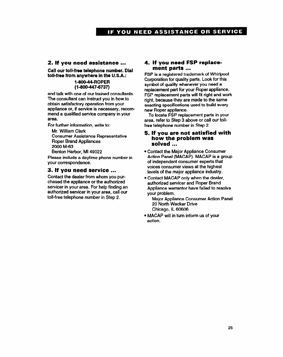 If you need assistance, If you need service, If you need fsp replacement parts | If you need fsp replace­ ment parts | Whirlpool FEP310B User Manual | Page 25 / 26