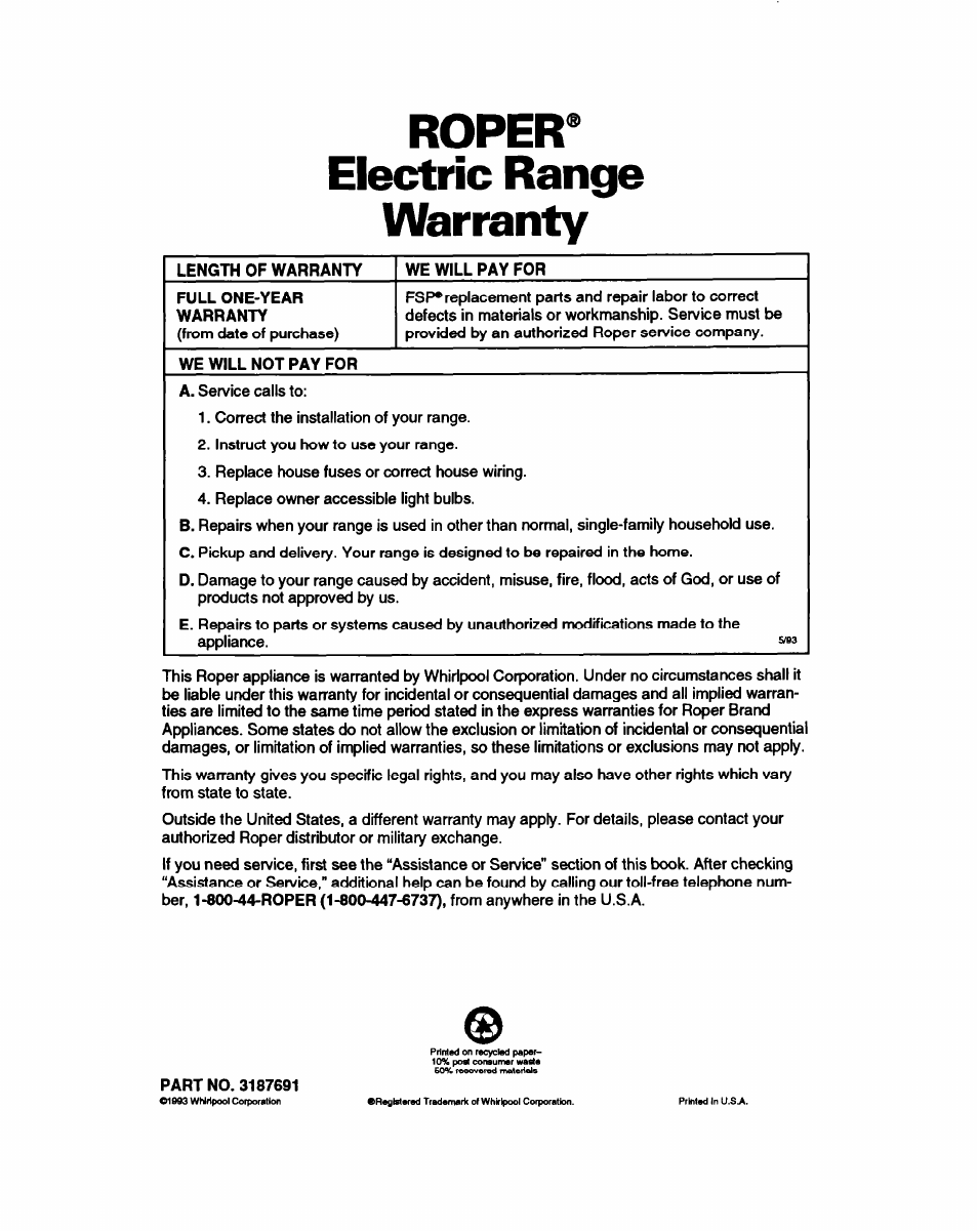 Roper® electric range warranty | Whirlpool FEP310B User Manual | Page 26 / 26