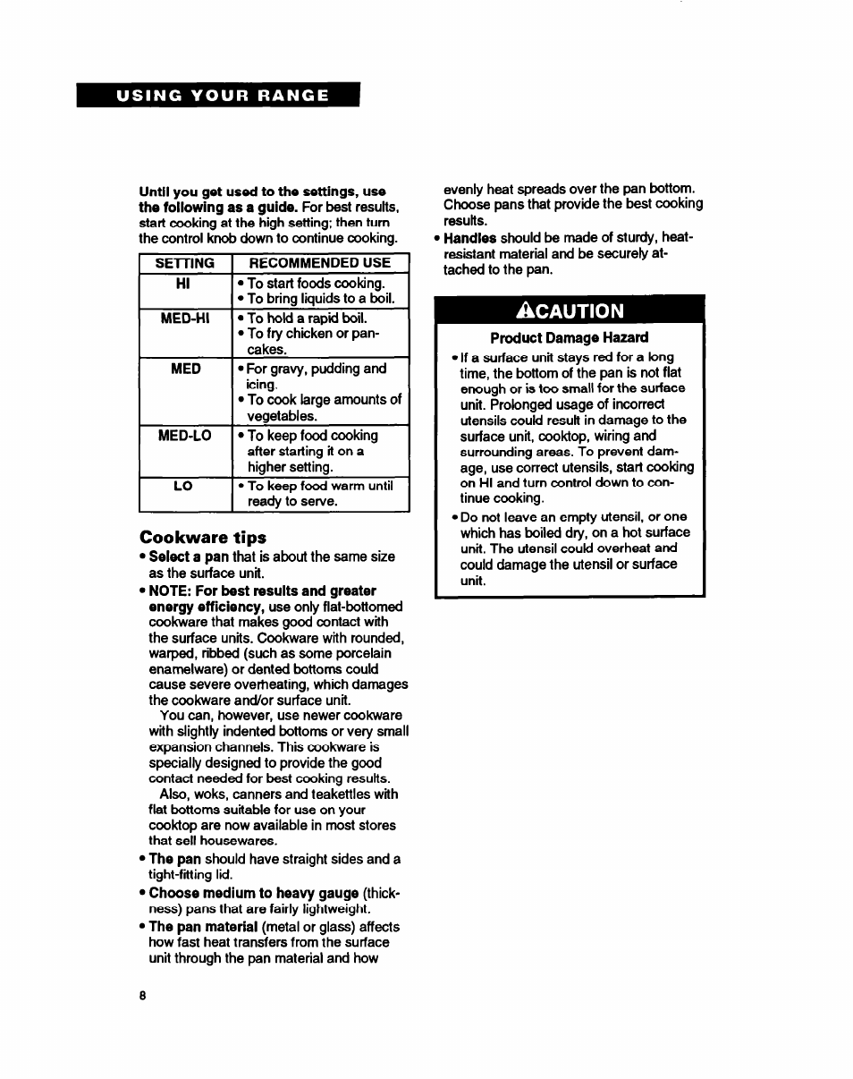 Cookware tips, Caution | Whirlpool FEP310B User Manual | Page 8 / 26