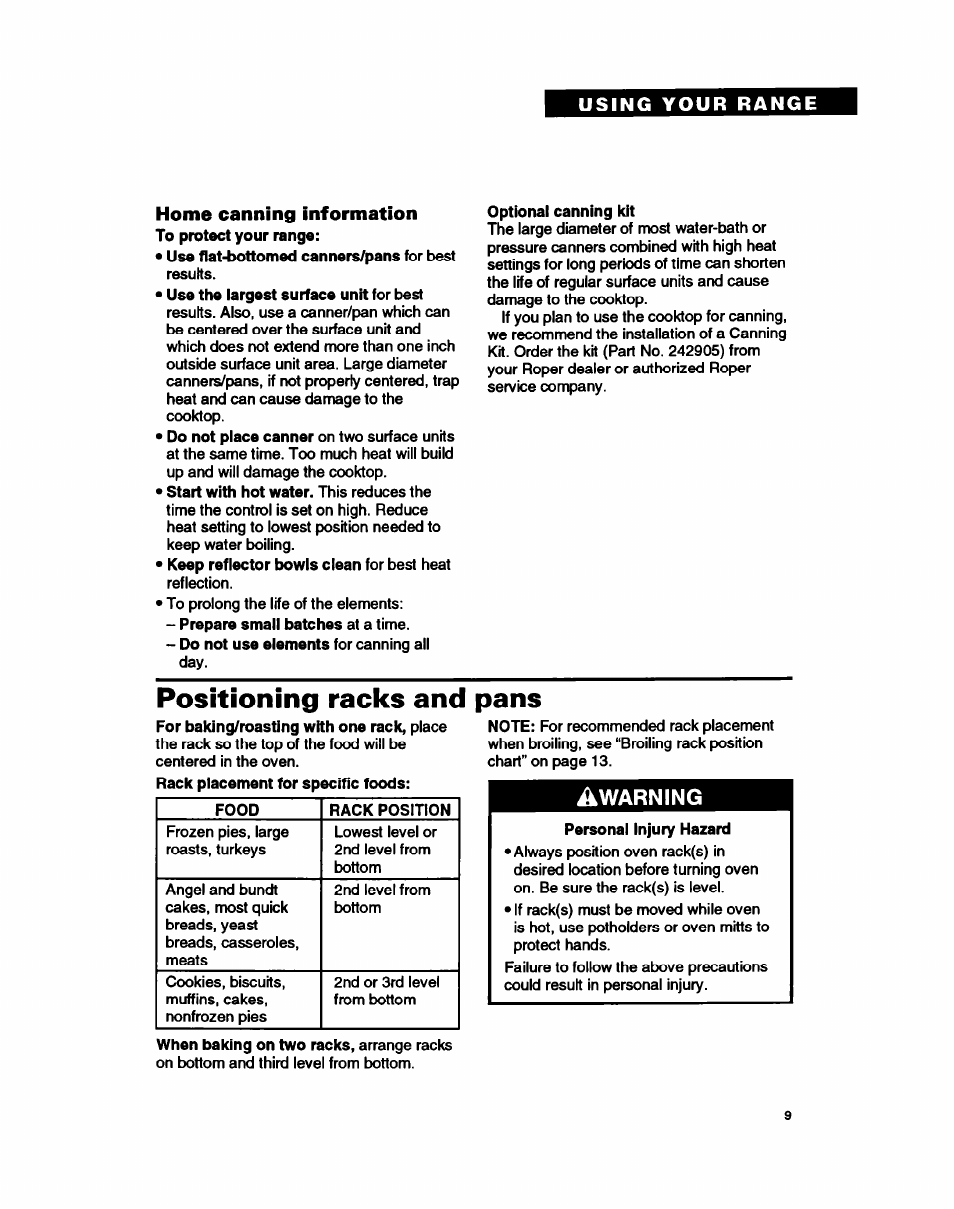Home canning information, Optional canning kit, Positioning racks and pans | Warning | Whirlpool FEP310B User Manual | Page 9 / 26