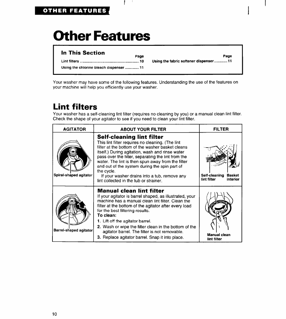 Other features, Lint filters, Agitator | About your filter, Filter, Self-cleaning lint filter, Manual clean lint filter | Whirlpool RAB3121EW0 User Manual | Page 10 / 24