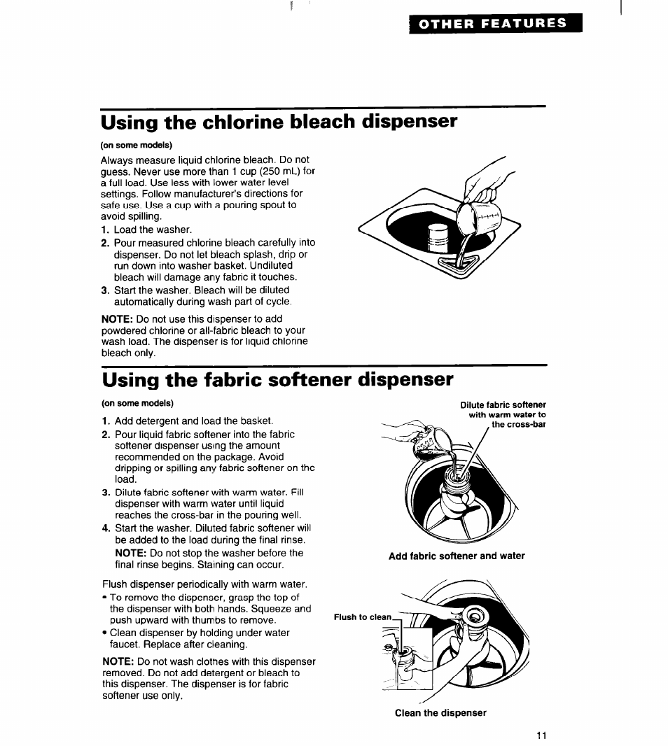 Using the chlorine bleach dispenser, Using the fabric softener dispenser | Whirlpool RAB3121EW0 User Manual | Page 11 / 24