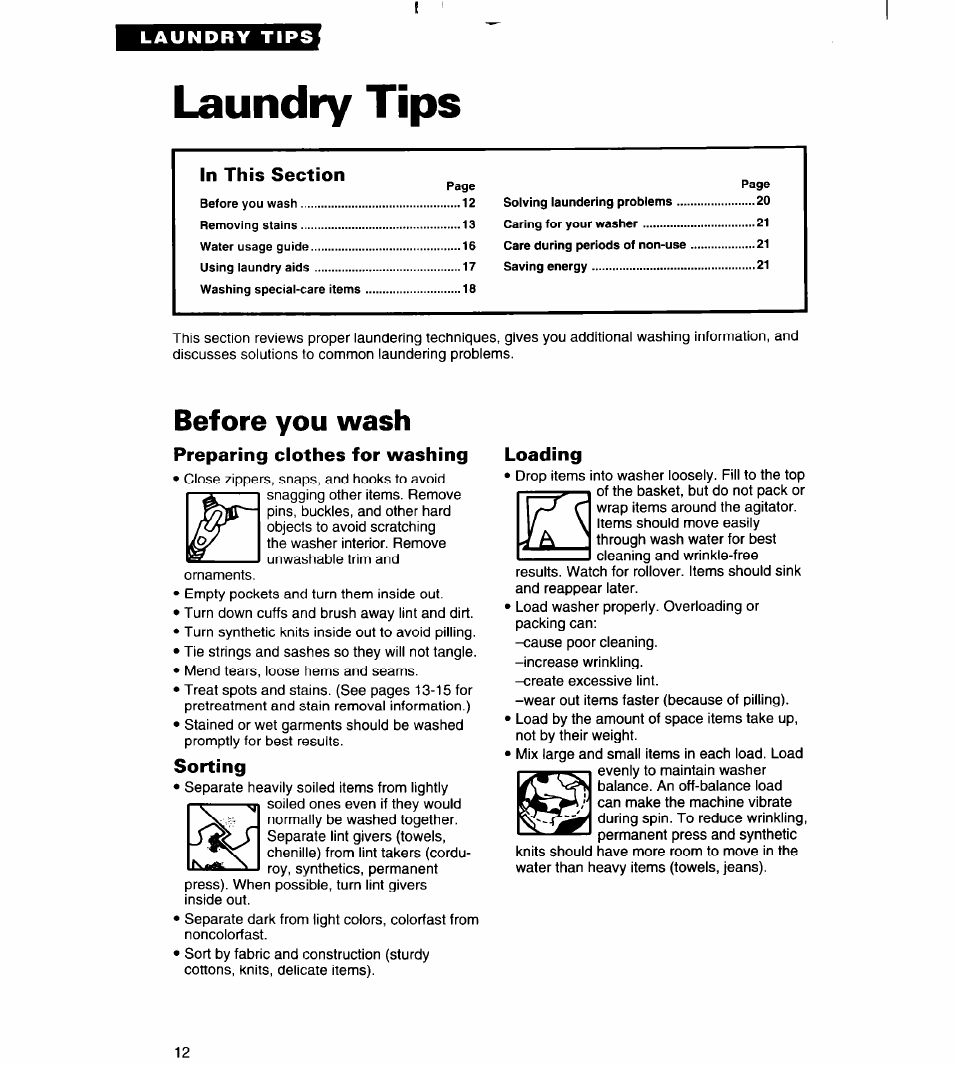 Laundry tips, Before you wash, Preparing clothes for washing | Sorting, Loading | Whirlpool RAB3121EW0 User Manual | Page 12 / 24