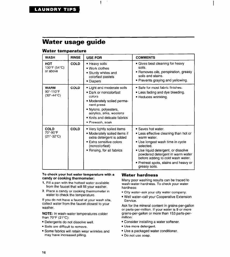 Water usage guide, Water temperature, Water hardness | Whirlpool RAB3121EW0 User Manual | Page 16 / 24