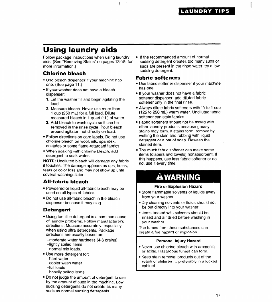 Using laundry aids, Chlorine bleach, All-fabric bleach | Detergent, Fabric softeners, Fire or explosion hazard, Warning | Whirlpool RAB3121EW0 User Manual | Page 17 / 24