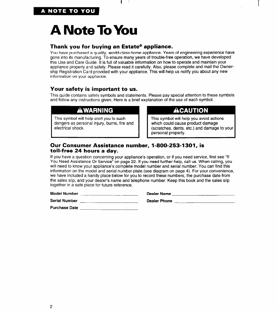 A note to you, Anotetoy^u, Thank you for buying an estate® appliance | Your safety is important to us | Whirlpool RAB3121EW0 User Manual | Page 2 / 24