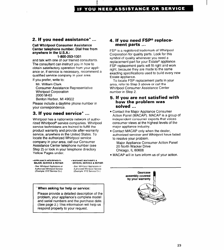 If you need assistance, If you need service, When asking for help or service | If you need fsp® replacement parts | Whirlpool RAB3121EW0 User Manual | Page 23 / 24