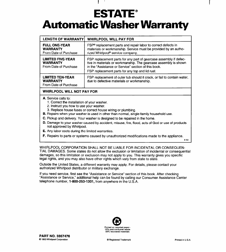 Automatic washer warranty | Whirlpool RAB3121EW0 User Manual | Page 24 / 24