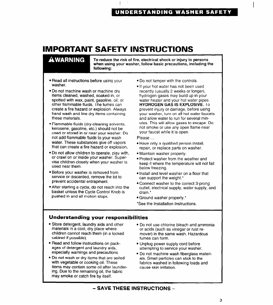 Understanding washer safety, Important safety instructions, Understanding your responsibilities | Save these instructions, Awarning | Whirlpool RAB3121EW0 User Manual | Page 3 / 24