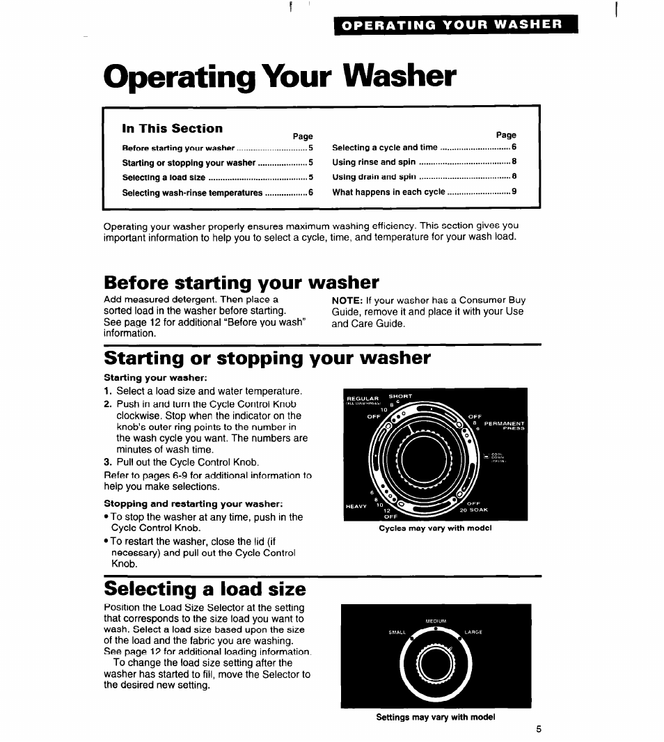 Operating your washer, Before starting your washer, Starting or stopping your washer | Selecting a load size | Whirlpool RAB3121EW0 User Manual | Page 5 / 24