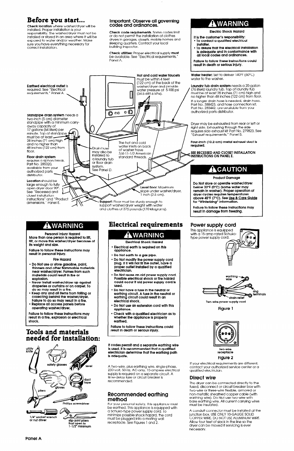 Before yoti start, Warning, Tools and materials needed for installation | Electrical requirements, Caution, Power supply cord, Recommended earthing method, Direct wire | Whirlpool Thin Twin User Manual | Page 2 / 7