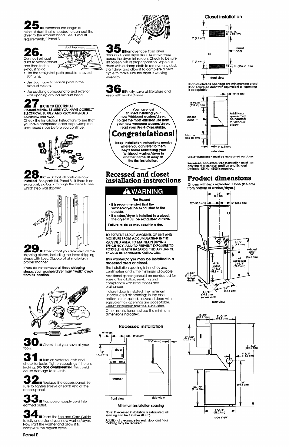 Recessed and closet installation instructions, Warning, Fire hazard | Product dimensions, Minimum installation spacing | Whirlpool Thin Twin User Manual | Page 6 / 7