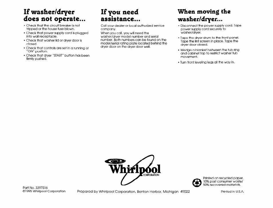 When moving the washer/dryer, Wlimpim), If washer/dryer does not operate | If you need assistance | Whirlpool Thin Twin User Manual | Page 7 / 7