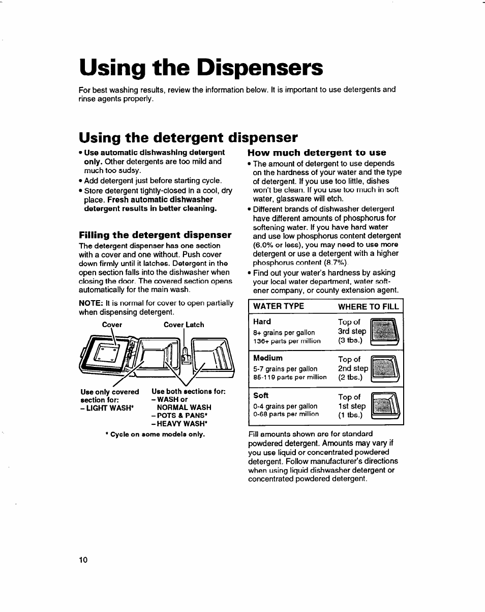 Using the dispensers, Using the detergent dispenser, Filling the detergent dispenser | How much detergent to use | Whirlpool 3376809 User Manual | Page 10 / 25