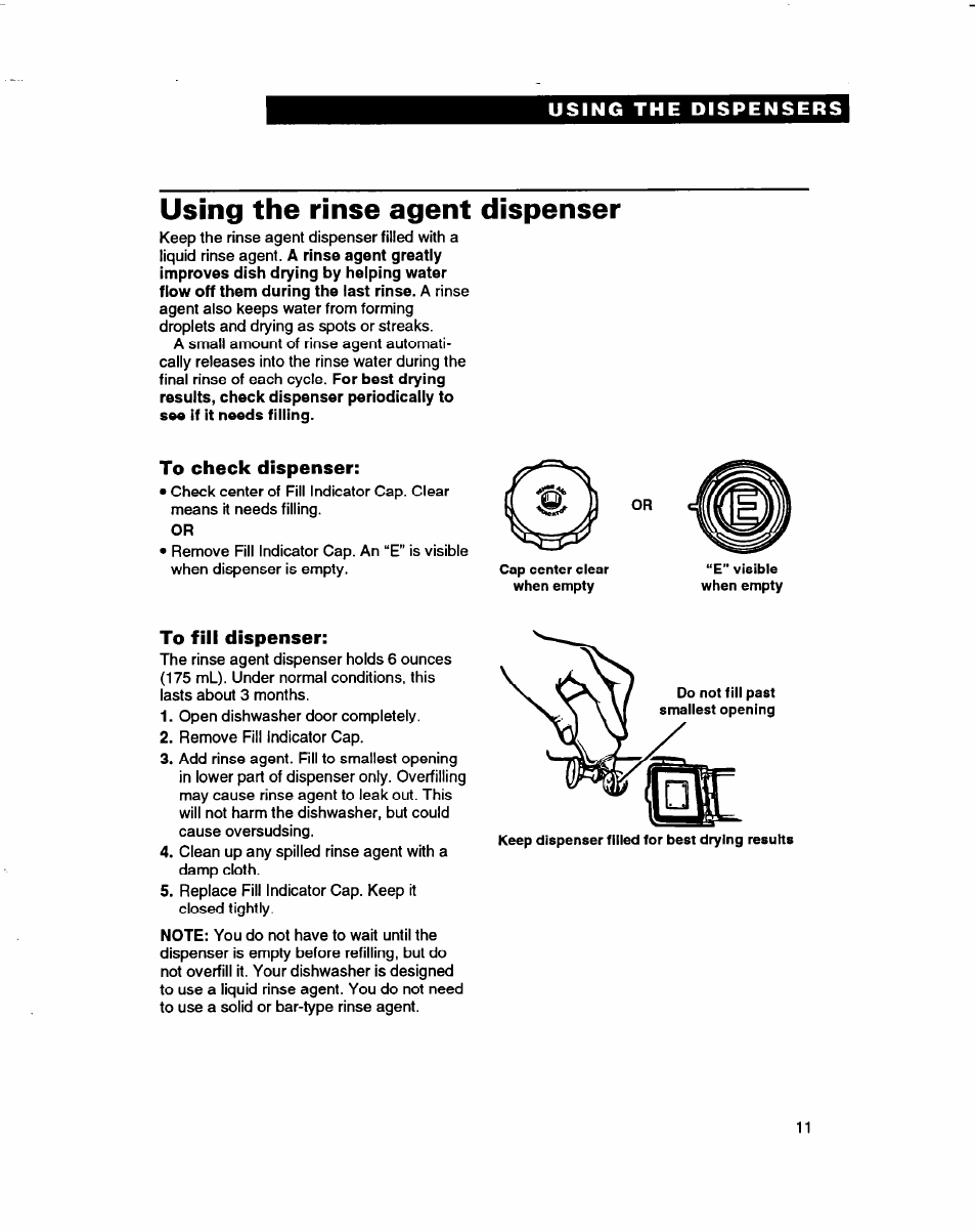 Using the rinse agent dispenser, To check dispenser, To fill dispenser | Whirlpool 3376809 User Manual | Page 11 / 25