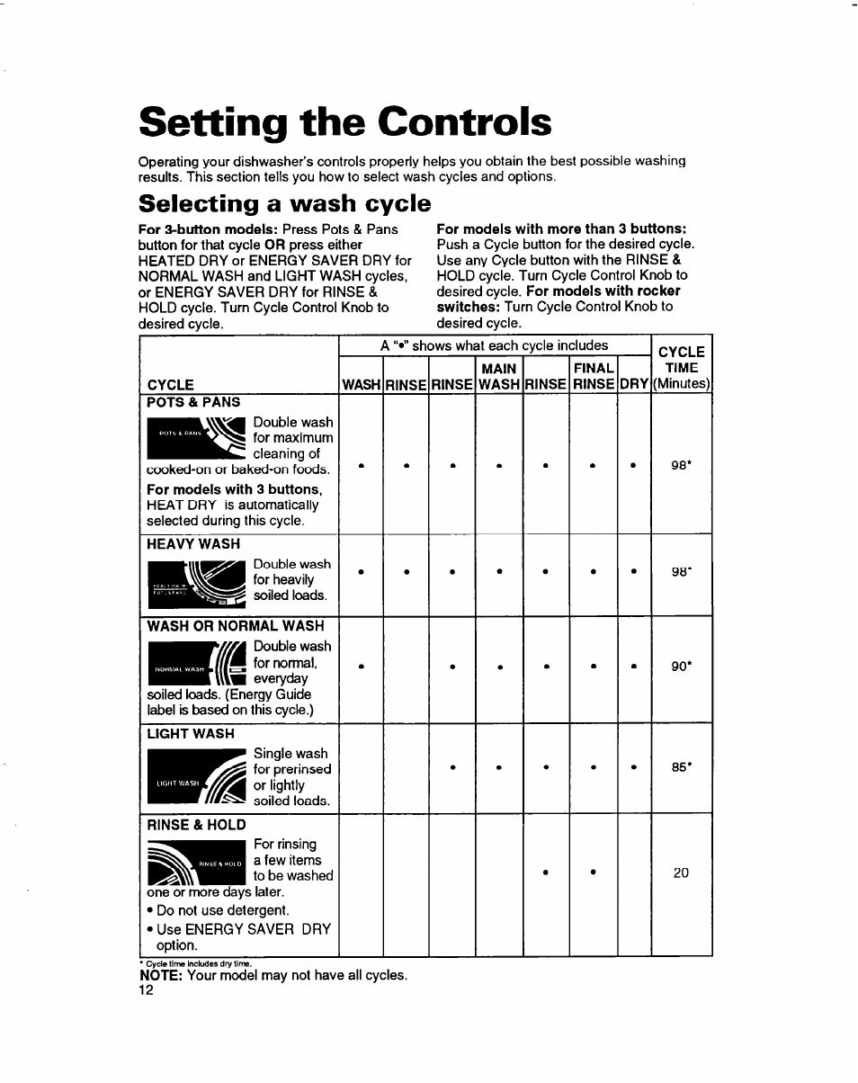 Setting the controls, Selecting a wash cycle | Whirlpool 3376809 User Manual | Page 12 / 25