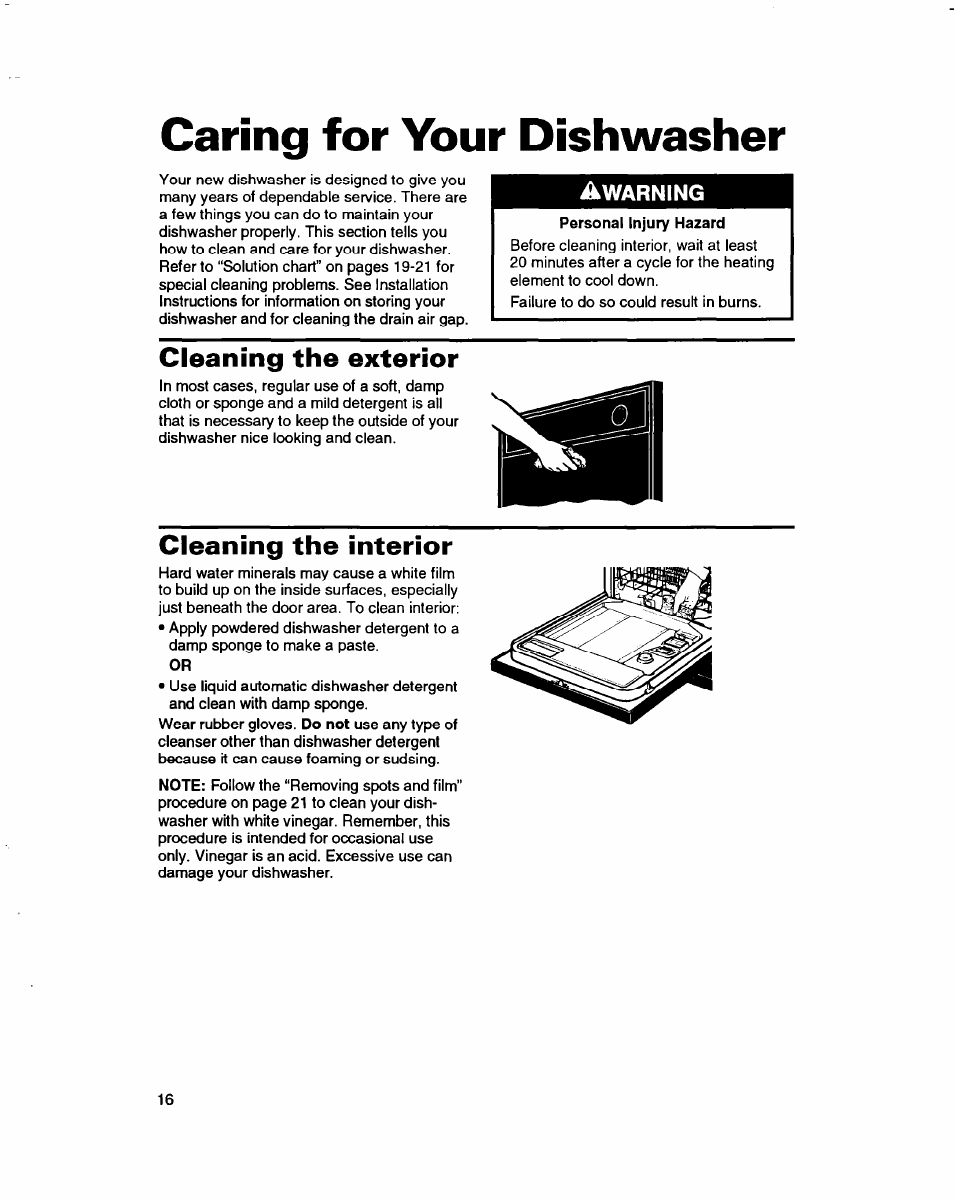 Caring for your dishwasher, Cleaning the exterior, Cleaning the interior | Whirlpool 3376809 User Manual | Page 16 / 25