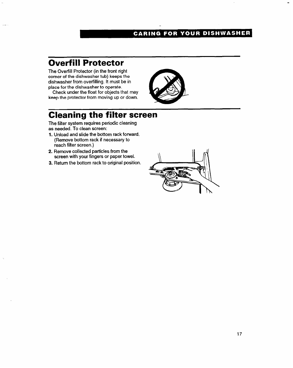 Overfill protector, Cleaning the filter screen | Whirlpool 3376809 User Manual | Page 17 / 25