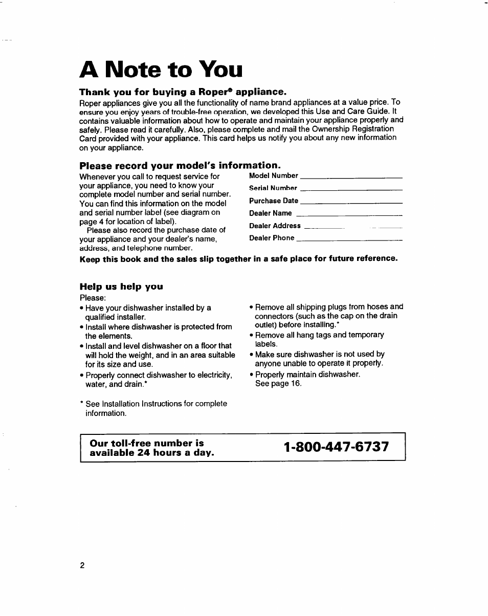 A note to you, Thank you for buying a roper* appliance, Please record your model's information | Help us help you, Our toll-free number is available 24 hours a day | Whirlpool 3376809 User Manual | Page 2 / 25