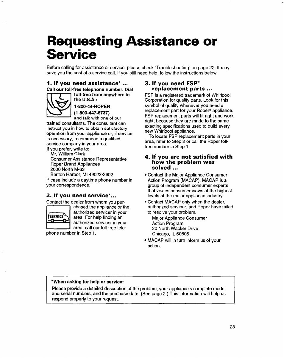 Requesting assistance or service, If you need assistance, If you need service | If you need fsp'” replacement parts, Requesting assistance, Or service | Whirlpool 3376809 User Manual | Page 23 / 25