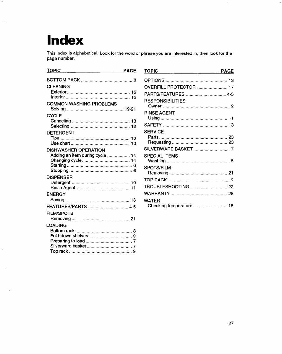 Index | Whirlpool 3376809 User Manual | Page 24 / 25
