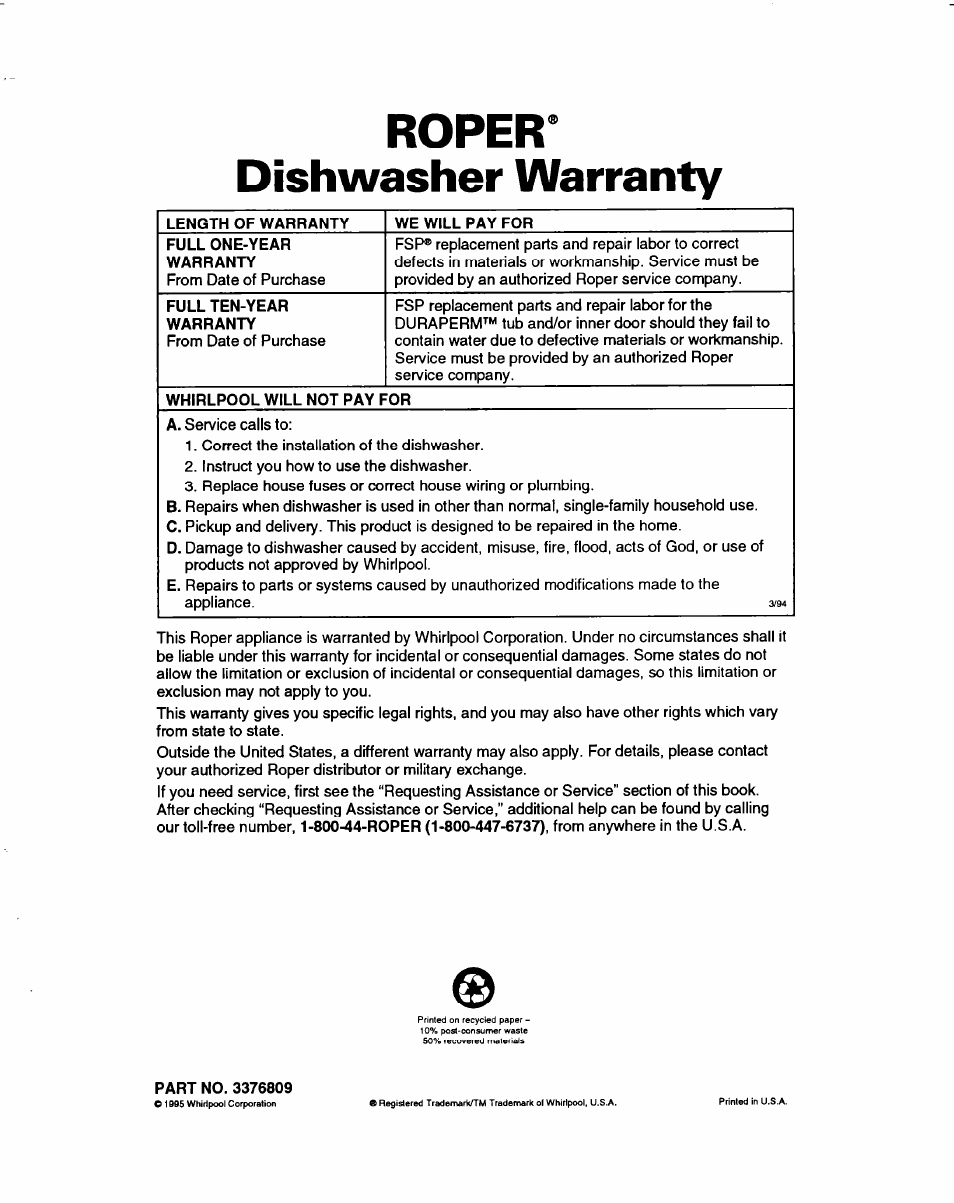 Roper, Dishwasher warranty, Roper* dishwasher warranty | Whirlpool 3376809 User Manual | Page 25 / 25